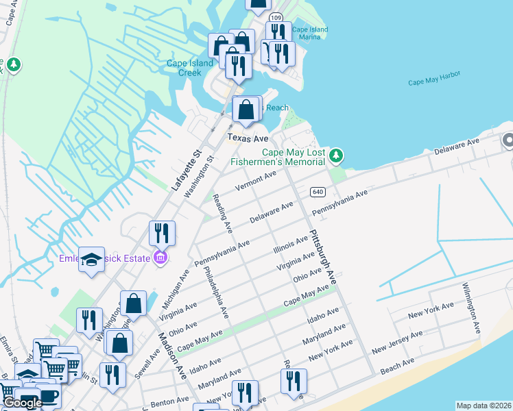 map of restaurants, bars, coffee shops, grocery stores, and more near 1272 Missouri Avenue in Cape May