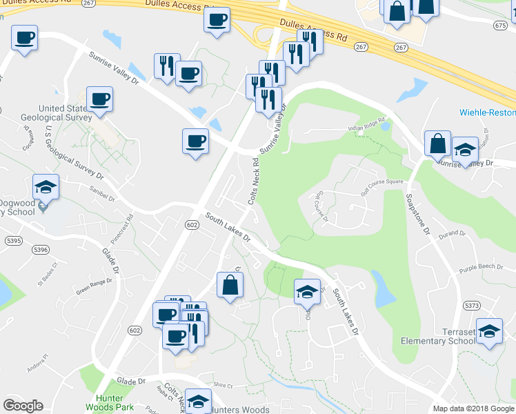 map of restaurants, bars, coffee shops, grocery stores, and more near 2103 Colts Neck Court in Reston
