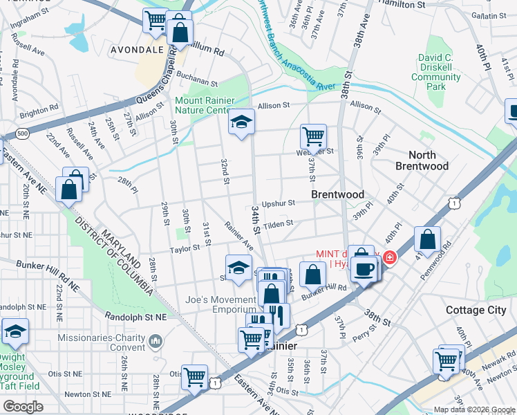 map of restaurants, bars, coffee shops, grocery stores, and more near 4229 34th Street in Mount Rainier