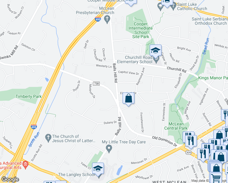 map of restaurants, bars, coffee shops, grocery stores, and more near 1130 Balls Hill Road in McLean