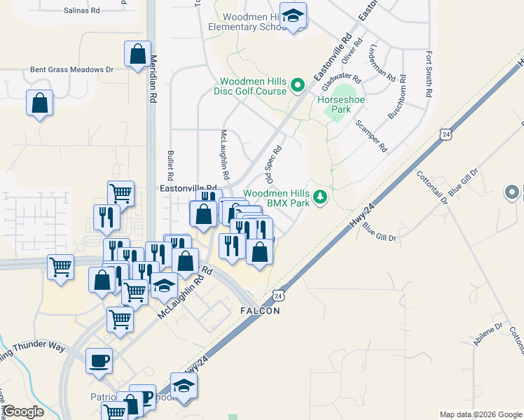 map of restaurants, bars, coffee shops, grocery stores, and more near 7631 Coffee Road in Peyton