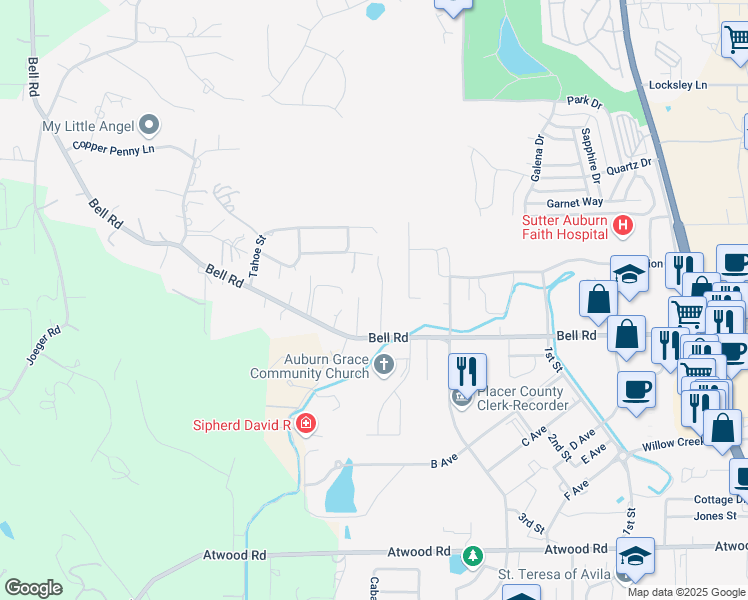 map of restaurants, bars, coffee shops, grocery stores, and more near 3261 Sunset Terrace in Auburn