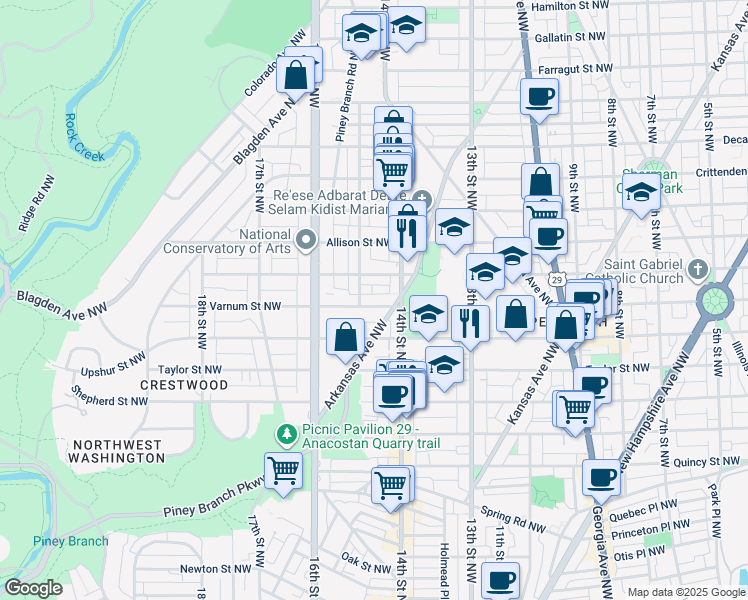 map of restaurants, bars, coffee shops, grocery stores, and more near 1421 Varnum Street Northwest in Washington