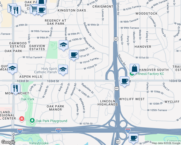 map of restaurants, bars, coffee shops, grocery stores, and more near 10229 Reeder Street in Overland Park