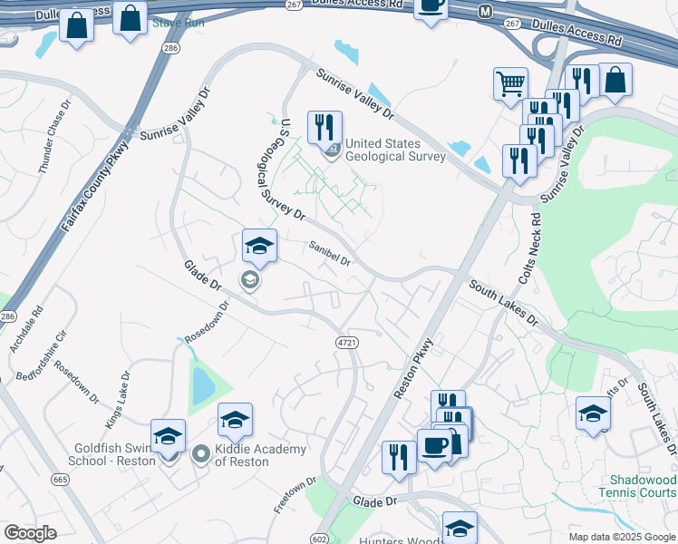 map of restaurants, bars, coffee shops, grocery stores, and more near 12125 Captiva Court in Reston