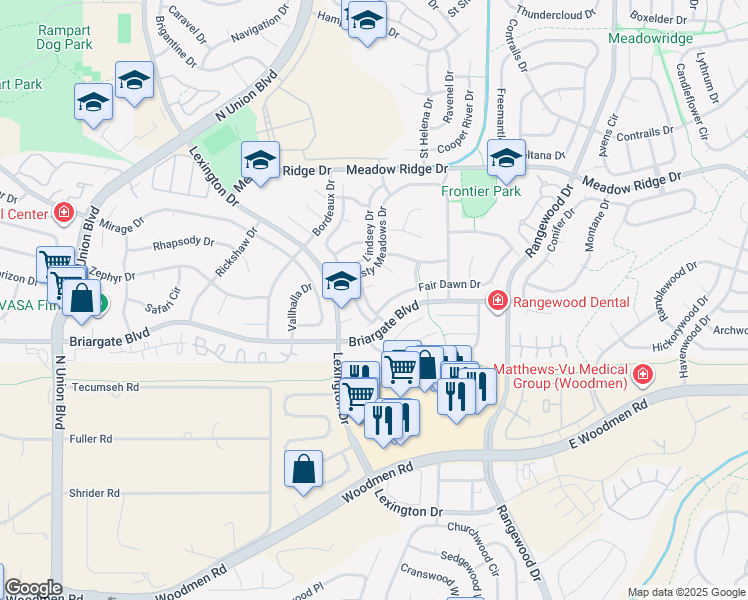 map of restaurants, bars, coffee shops, grocery stores, and more near 7625 Clover Hill Drive in Colorado Springs