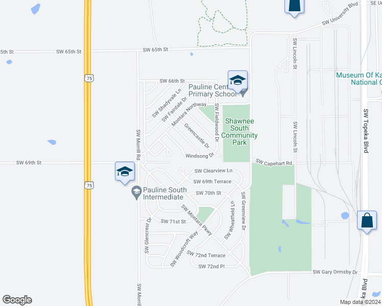 map of restaurants, bars, coffee shops, grocery stores, and more near 6814 Windsong Drive in Topeka