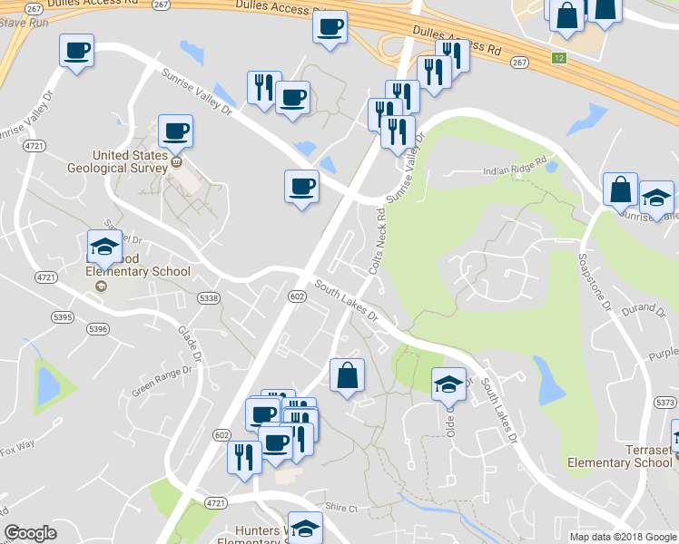 map of restaurants, bars, coffee shops, grocery stores, and more near 2049 Royal Fern Court in Reston