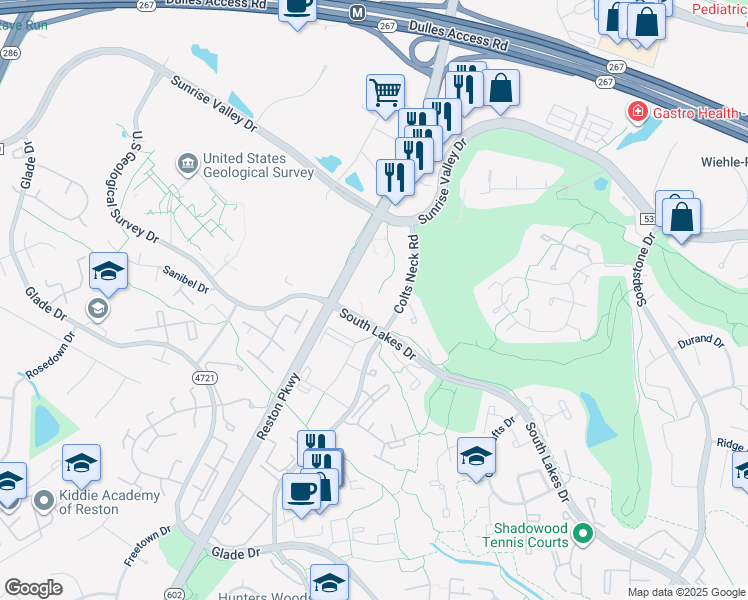 map of restaurants, bars, coffee shops, grocery stores, and more near 2047 Royal Fern Court in Reston