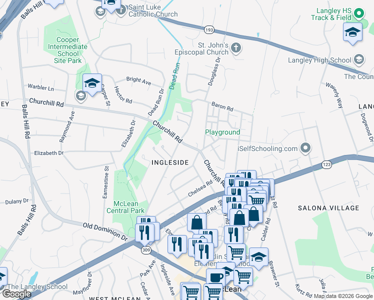 map of restaurants, bars, coffee shops, grocery stores, and more near 6881 Churchill Road in McLean