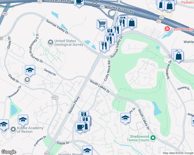 map of restaurants, bars, coffee shops, grocery stores, and more near 2049 Royal Fern Court in Reston