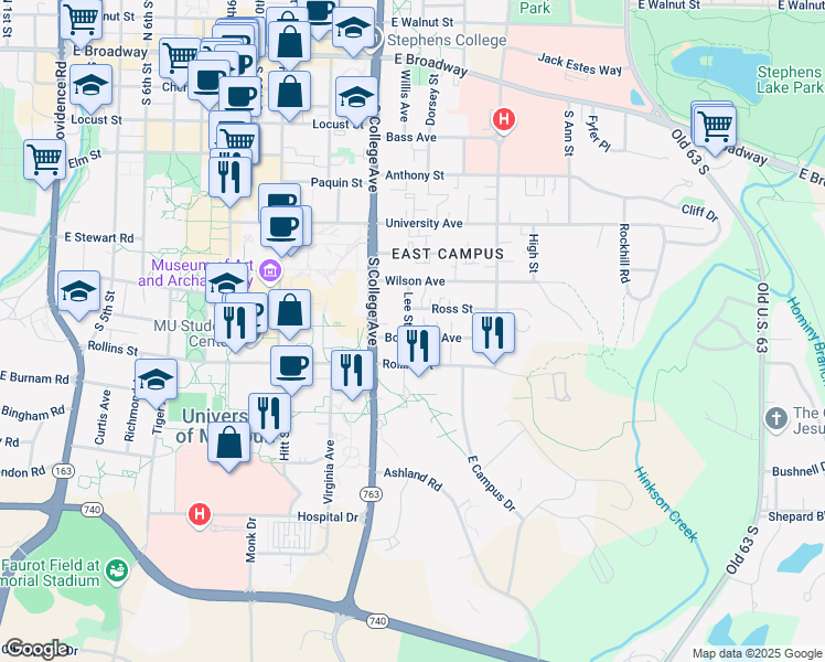 map of restaurants, bars, coffee shops, grocery stores, and more near 706 Lee Street in Columbia