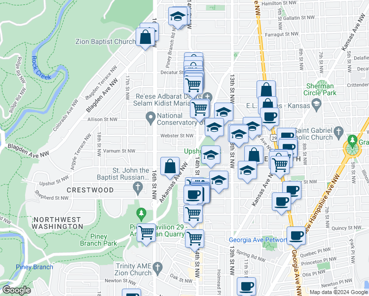 map of restaurants, bars, coffee shops, grocery stores, and more near 1421 Varnum Street Northwest in Washington