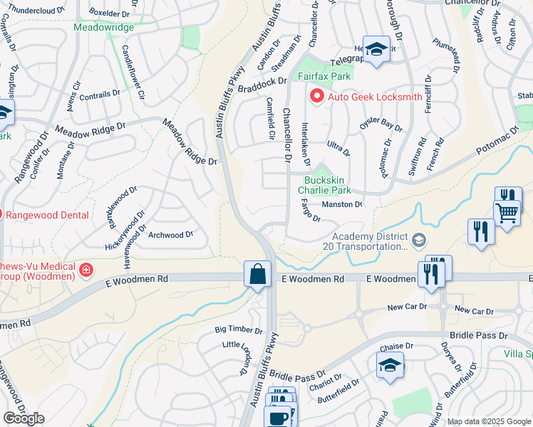 map of restaurants, bars, coffee shops, grocery stores, and more near 4715 Pascal Court in Colorado Springs