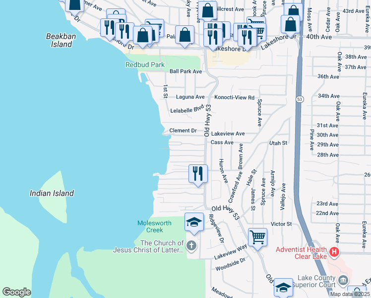 map of restaurants, bars, coffee shops, grocery stores, and more near 5575 Old Highway 53 in Clearlake