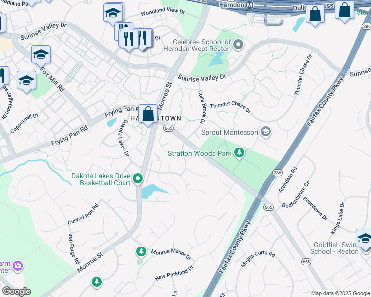 map of restaurants, bars, coffee shops, grocery stores, and more near 12846 Williams Meadow Court in Herndon