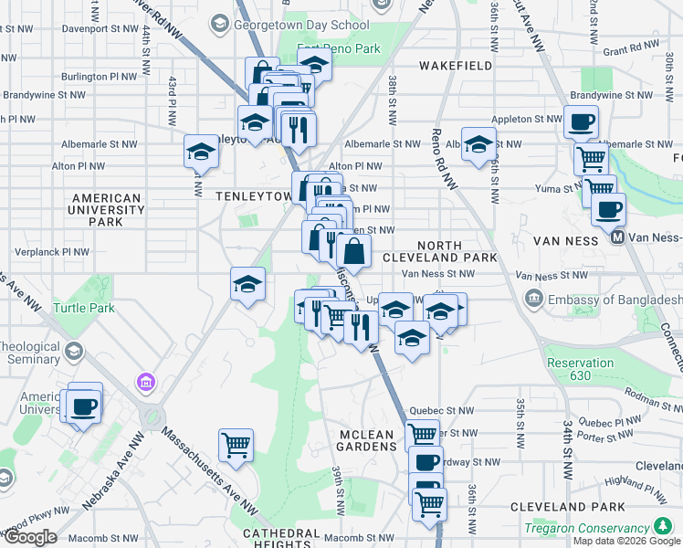 map of restaurants, bars, coffee shops, grocery stores, and more near Wisconsin Ave NW & Van Ness St NW in Washington