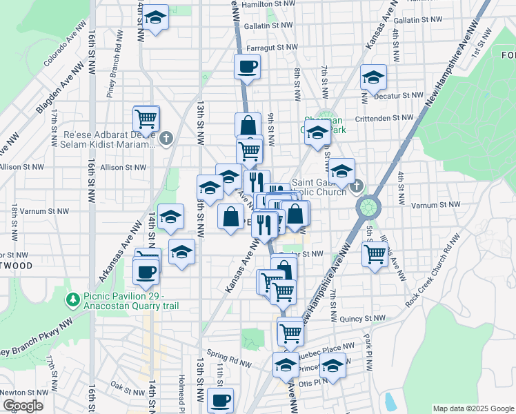 map of restaurants, bars, coffee shops, grocery stores, and more near 4303 Iowa Avenue Northwest in Washington