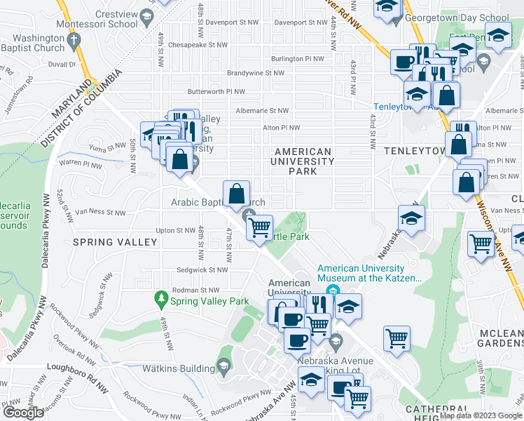 map of restaurants, bars, coffee shops, grocery stores, and more near Van Ness St NW & 46th St NW in Washington