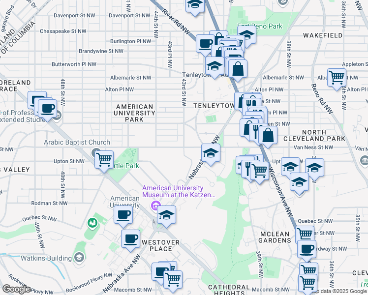 map of restaurants, bars, coffee shops, grocery stores, and more near Van Ness Street Northwest & 43rd Street Northwest in Washington