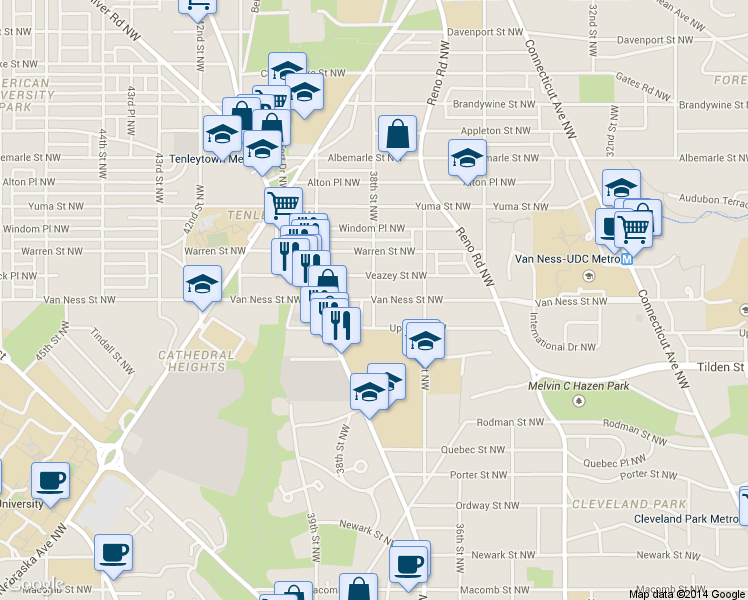 map of restaurants, bars, coffee shops, grocery stores, and more near Van Ness St NW & 38th St NW in Washington