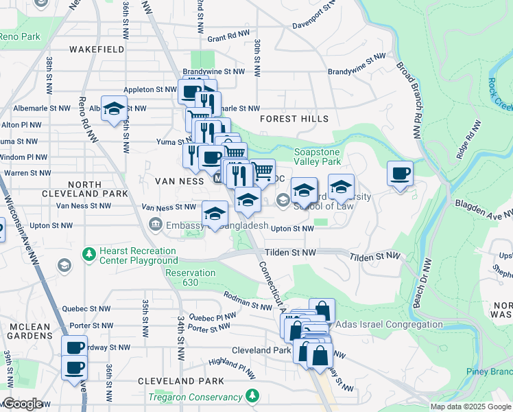 map of restaurants, bars, coffee shops, grocery stores, and more near 3033 Van Ness St NW in Washington