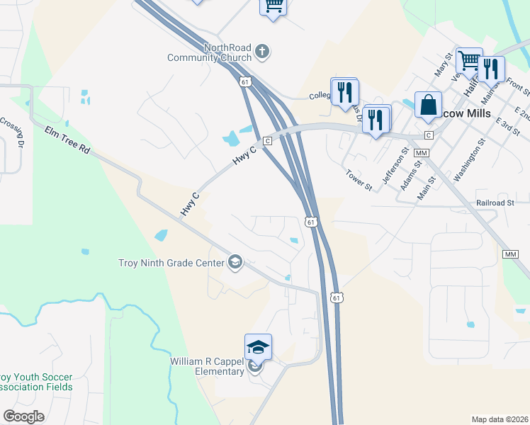 map of restaurants, bars, coffee shops, grocery stores, and more near 1248 Kathy Avenue in Moscow Mills