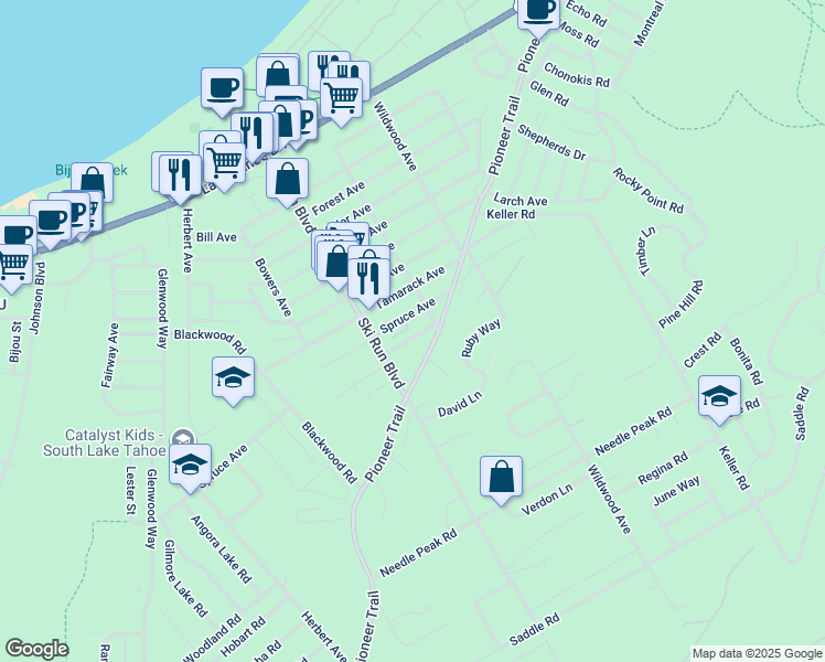 map of restaurants, bars, coffee shops, grocery stores, and more near 3685 Willow Avenue in South Lake Tahoe