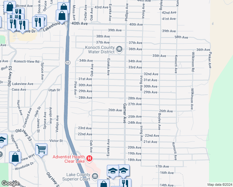 map of restaurants, bars, coffee shops, grocery stores, and more near 15831 29th Avenue in Clearlake