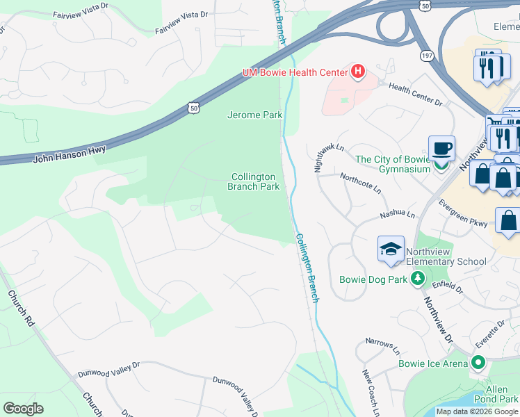 map of restaurants, bars, coffee shops, grocery stores, and more near 14413 Derby Ridge Road in Bowie