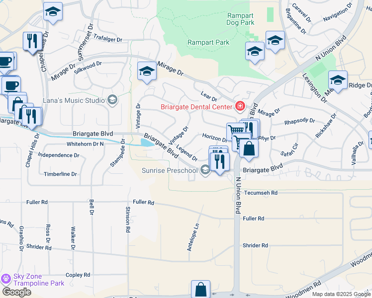 map of restaurants, bars, coffee shops, grocery stores, and more near 7903 Horizon Drive in Colorado Springs