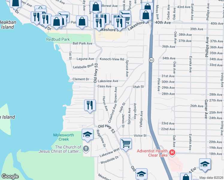 map of restaurants, bars, coffee shops, grocery stores, and more near 5596 Jones Avenue in Clearlake