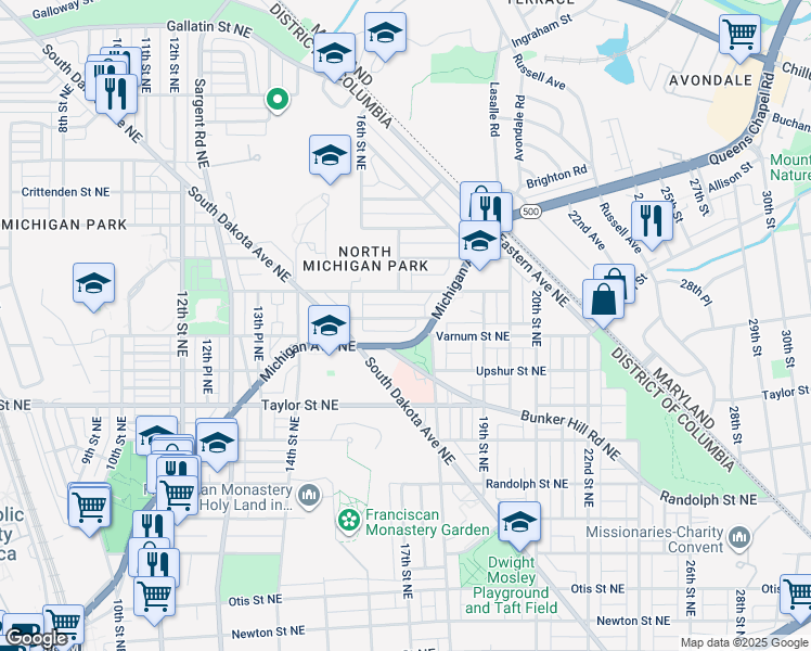 map of restaurants, bars, coffee shops, grocery stores, and more near 1655 Varnum Place Northeast in Washington