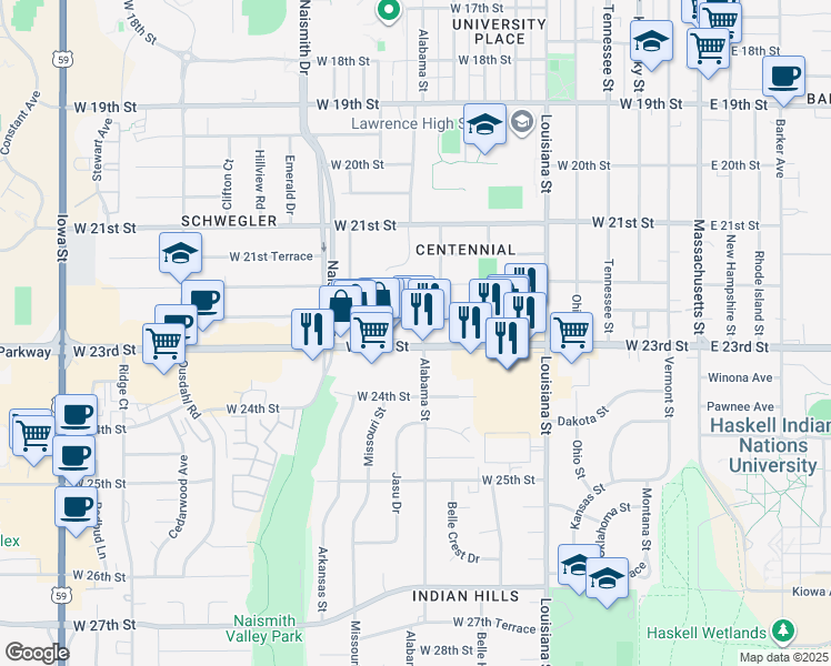 map of restaurants, bars, coffee shops, grocery stores, and more near 902 West 23rd Street in Lawrence
