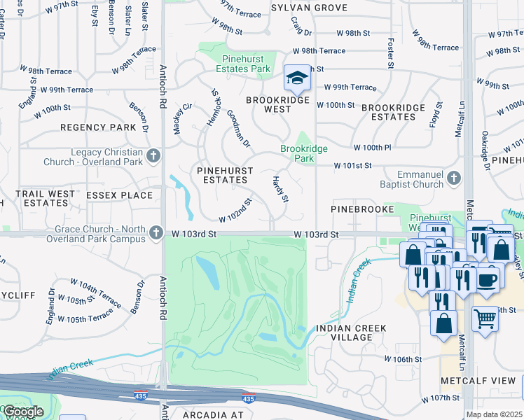 map of restaurants, bars, coffee shops, grocery stores, and more near 10224 Hemlock Drive in Overland Park