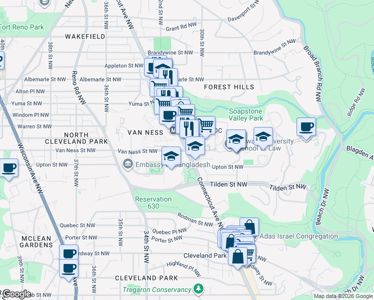 map of restaurants, bars, coffee shops, grocery stores, and more near Connecticut Ave NW & Van Ness St NW in Washington