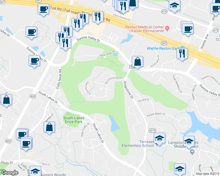 map of restaurants, bars, coffee shops, grocery stores, and more near 2007 Golf Course Drive in Reston