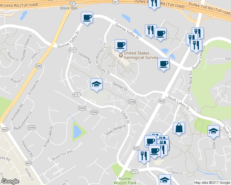 map of restaurants, bars, coffee shops, grocery stores, and more near 12195 Sanibel Court in Reston
