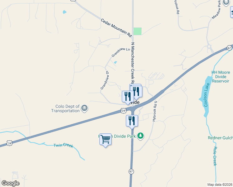 map of restaurants, bars, coffee shops, grocery stores, and more near 240 Ridge Top Drive in Divide