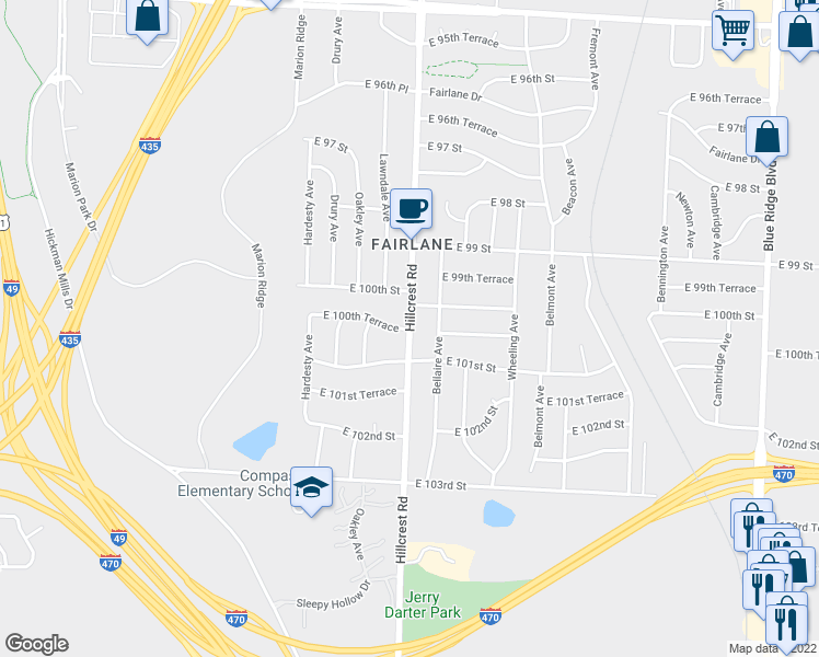map of restaurants, bars, coffee shops, grocery stores, and more near Hillcrest Rd & E 100th Terrace in Kansas City
