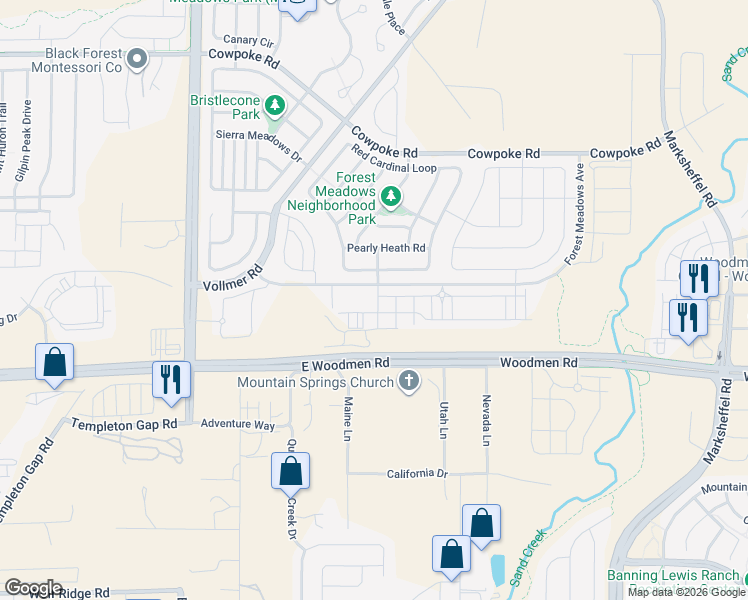 map of restaurants, bars, coffee shops, grocery stores, and more near 7648 Silver Larch Point in Colorado Springs