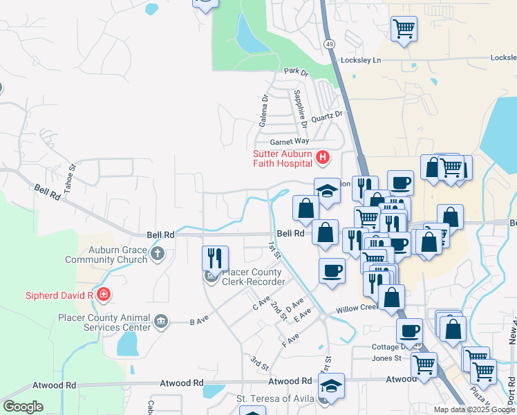 map of restaurants, bars, coffee shops, grocery stores, and more near 3265 Blue Oaks Drive in Auburn