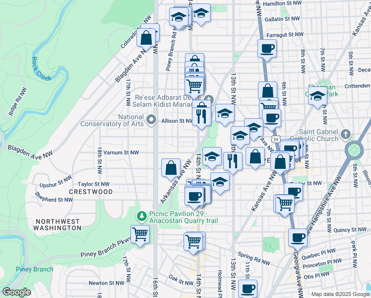 map of restaurants, bars, coffee shops, grocery stores, and more near 1419 Varnum Street Northwest in Washington