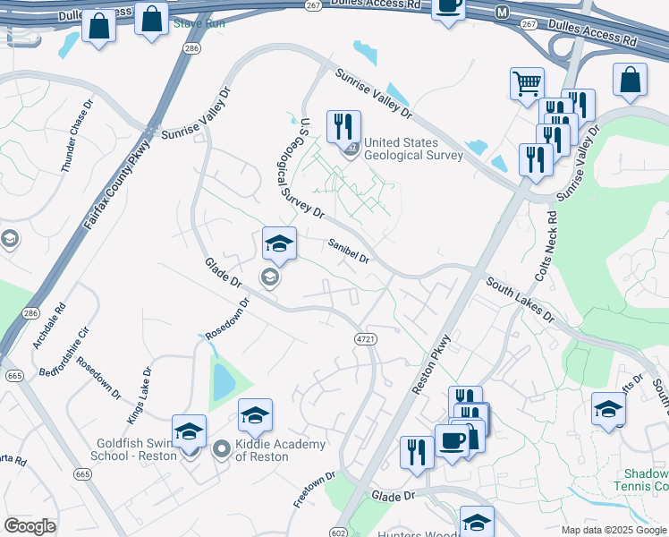map of restaurants, bars, coffee shops, grocery stores, and more near 12195 Sanibel Court in Reston