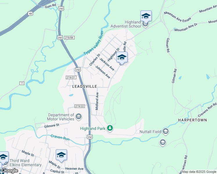map of restaurants, bars, coffee shops, grocery stores, and more near Old Leadsville Road in Elkins