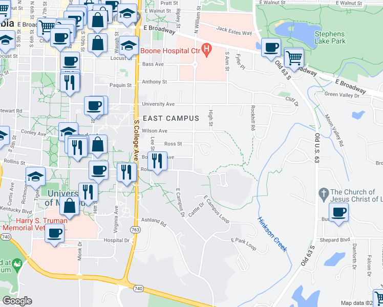 map of restaurants, bars, coffee shops, grocery stores, and more near 1515 Bouchelle Avenue in Columbia