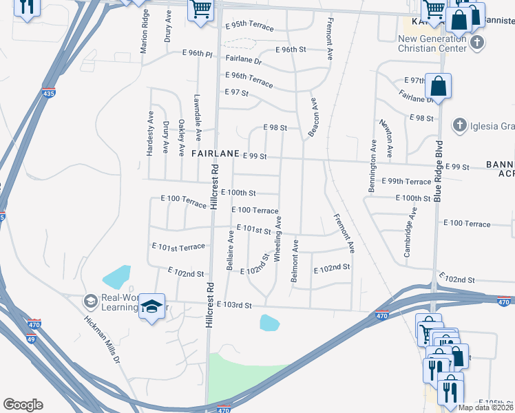 map of restaurants, bars, coffee shops, grocery stores, and more near 6002 East 100 Terrace in Kansas City