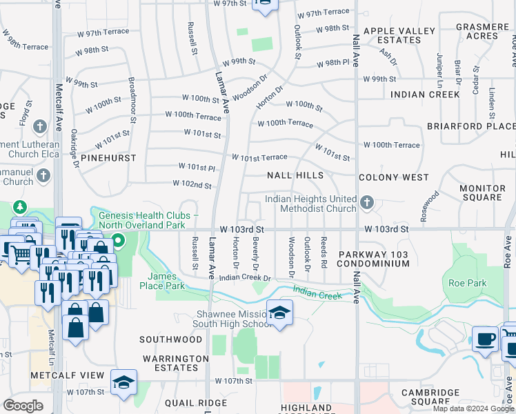 map of restaurants, bars, coffee shops, grocery stores, and more near 10216 Dearborn Drive in Overland Park