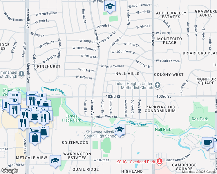 map of restaurants, bars, coffee shops, grocery stores, and more near 10220 Beverly Drive in Overland Park