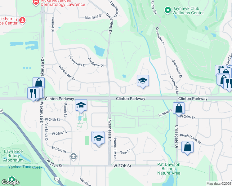 map of restaurants, bars, coffee shops, grocery stores, and more near 4334 Clinton Parkway in Lawrence
